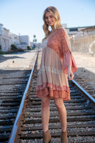 Taupe Slub Floral Ruffled Merrow Tiered Woven Dress