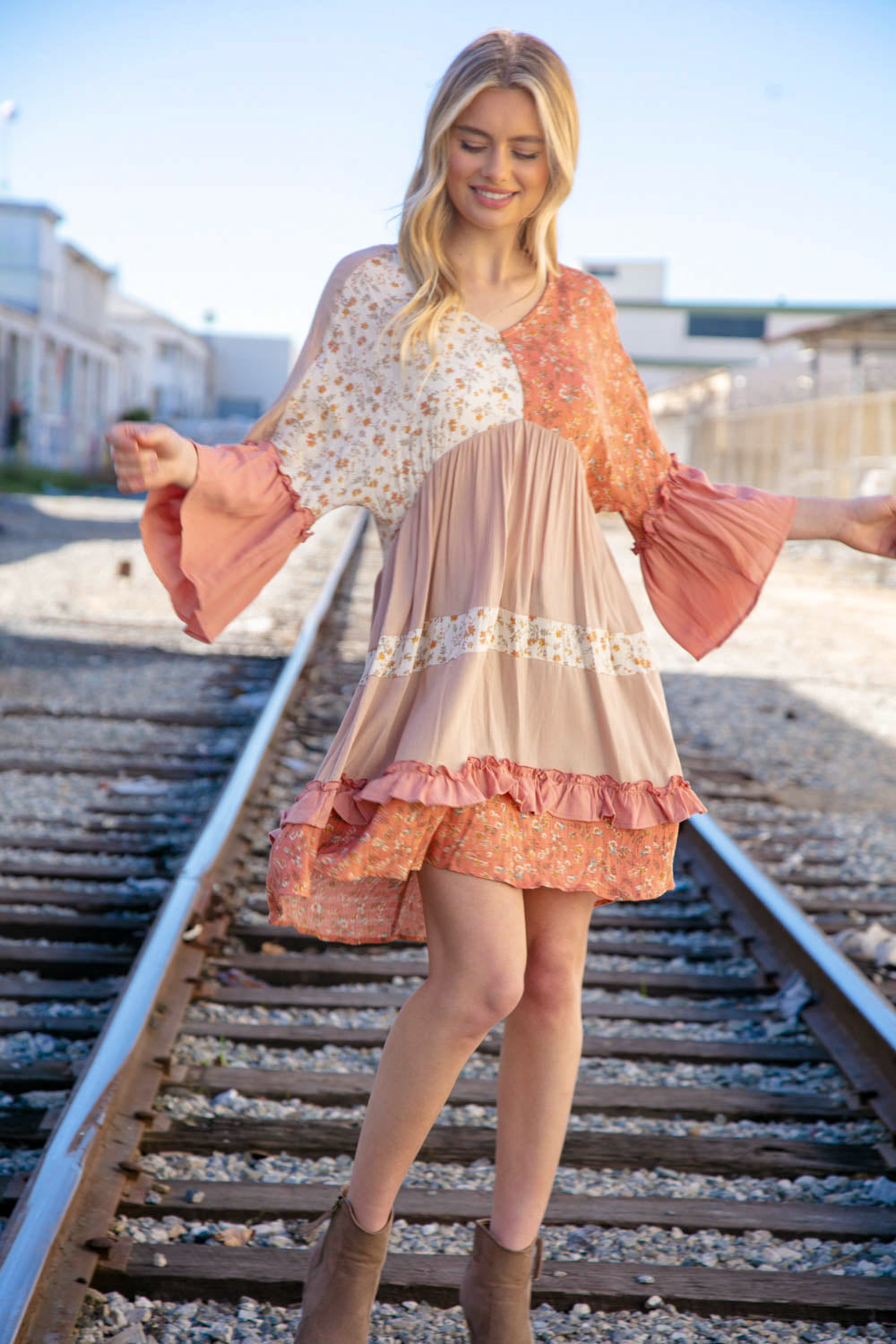 Taupe Slub Floral Ruffled Merrow Tiered Woven Dress