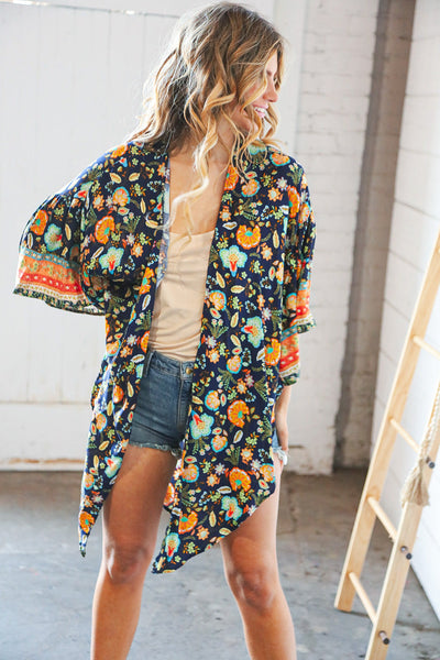 Navy Boho Paisley Rayon Challis Open Kimono