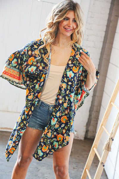 Navy Boho Paisley Rayon Challis Open Kimono