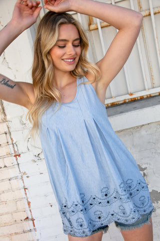 Blue Cotton Embroidered Scalloped Hem Sleeveless Top