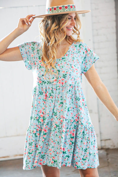 Mint Floral Wide V Neck Floral Tiered Pocketed Dress