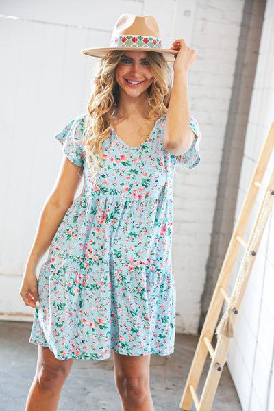 Mint Floral Wide V Neck Floral Tiered Pocketed Dress