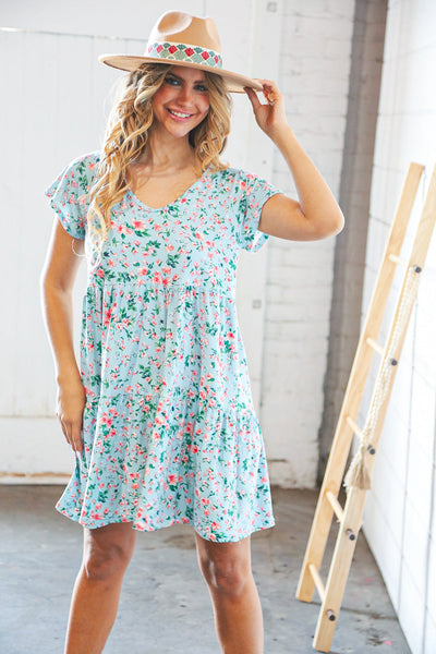 Mint Floral Wide V Neck Floral Tiered Pocketed Dress