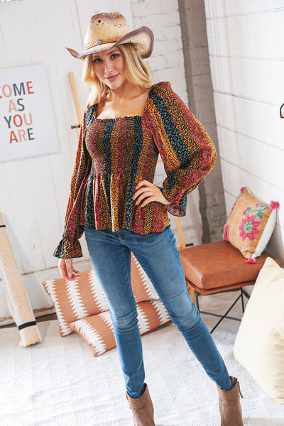 Multicolor Vertical Ethnic Floral Smocked Blouse