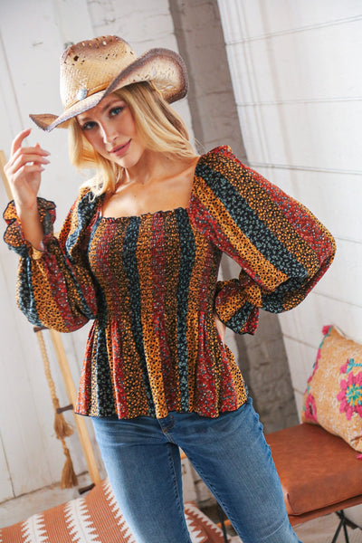 Multicolor Vertical Ethnic Floral Smocked Blouse