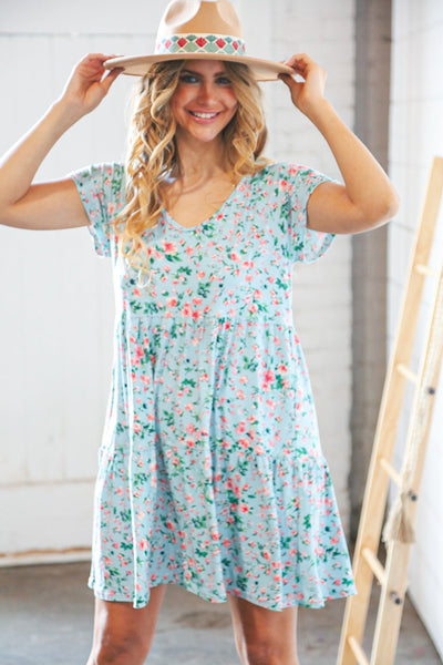 Mint Floral Wide V Neck Floral Tiered Pocketed Dress