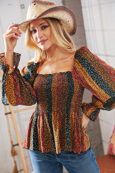 Multicolor Vertical Ethnic Floral Smocked Blouse