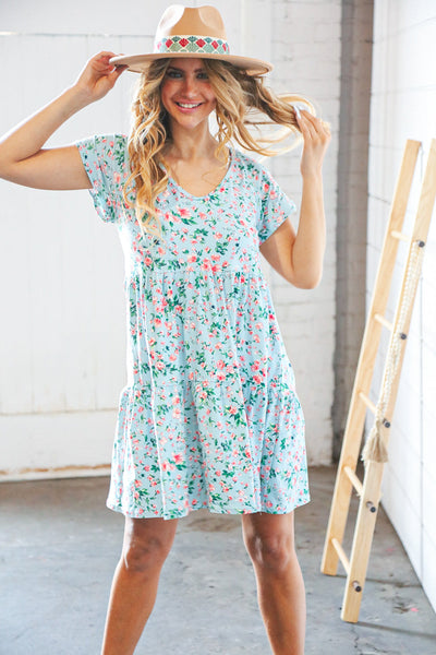 Mint Floral Wide V Neck Floral Tiered Pocketed Dress