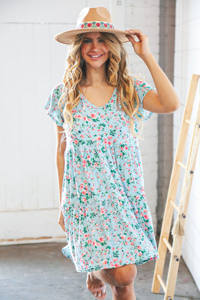 Mint Floral Wide V Neck Floral Tiered Pocketed Dress