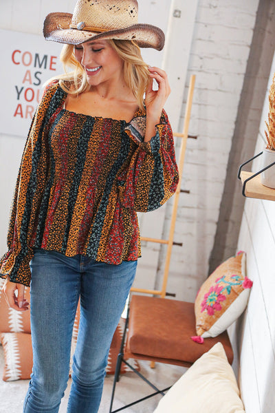 Multicolor Vertical Ethnic Floral Smocked Blouse