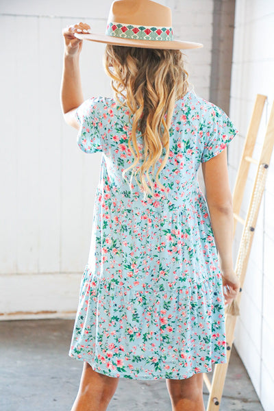 Mint Floral Wide V Neck Floral Tiered Pocketed Dress