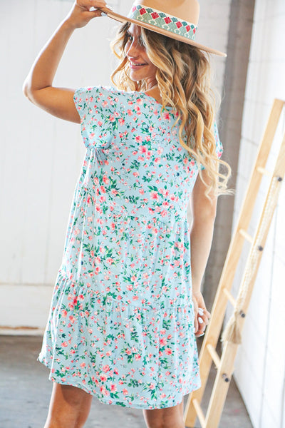 Mint Floral Wide V Neck Floral Tiered Pocketed Dress