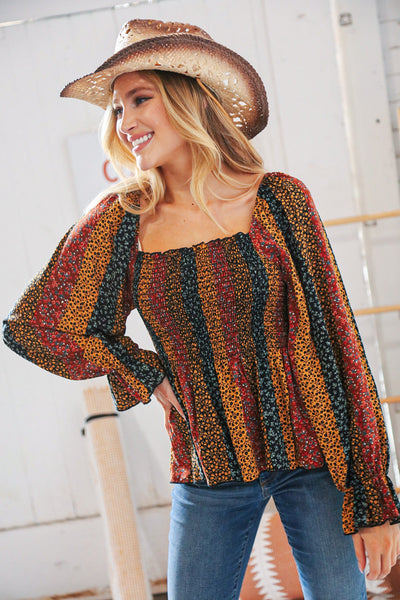 Multicolor Vertical Ethnic Floral Smocked Blouse