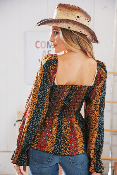 Multicolor Vertical Ethnic Floral Smocked Blouse