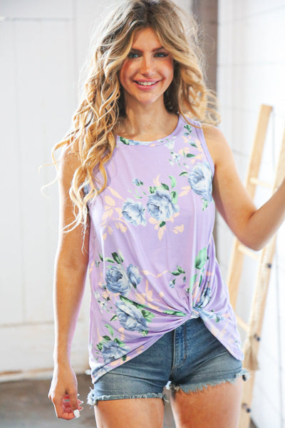 Lavender and Blur Floral Front Knotted Top