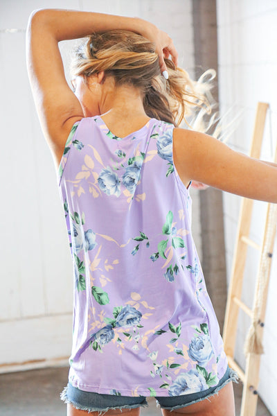 Lavender and Blur Floral Front Knotted Top