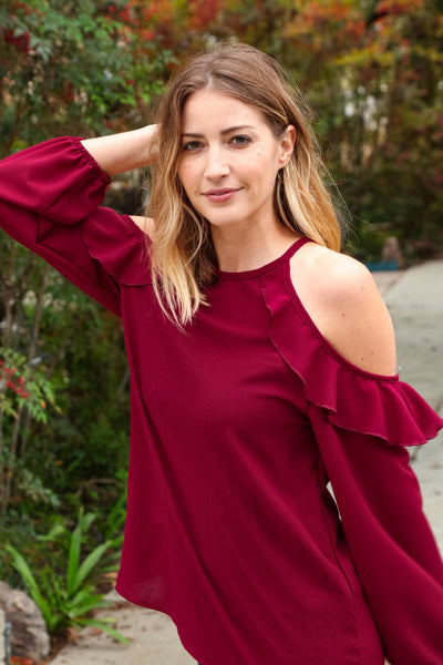 Burgundy Halter Cold Shoulder Ruffle Woven Top