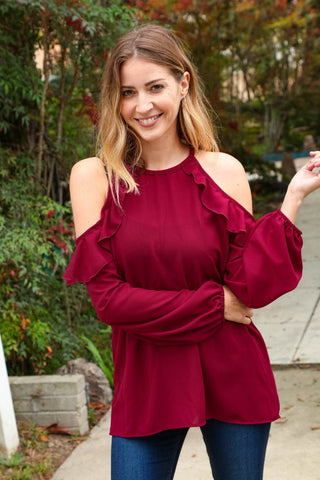 Burgundy Halter Cold Shoulder Ruffle Woven Top