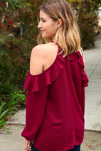 Burgundy Halter Cold Shoulder Ruffle Woven Top