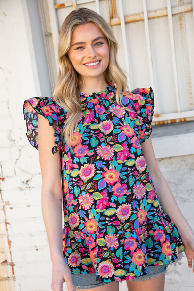 Multicolor Floral Print Ruffle Back Keyhole Top