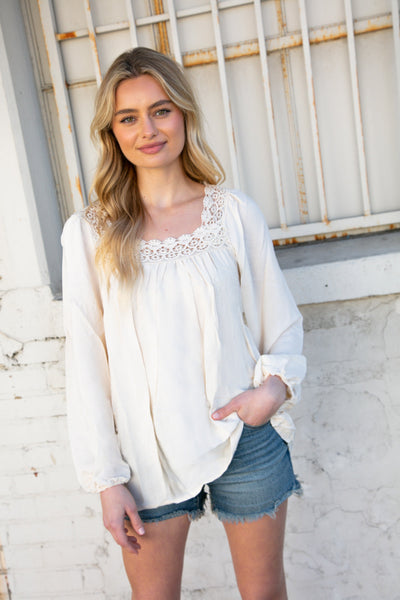 Cream Crochet Lace Neck Crepe Woven Blouse