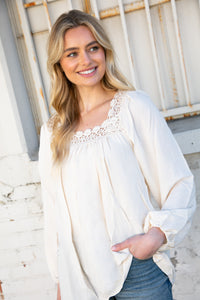 Cream Crochet Lace Neck Crepe Woven Blouse