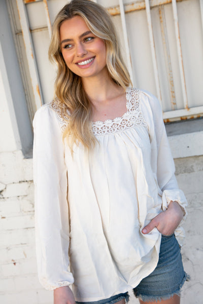 Cream Crochet Lace Neck Crepe Woven Blouse