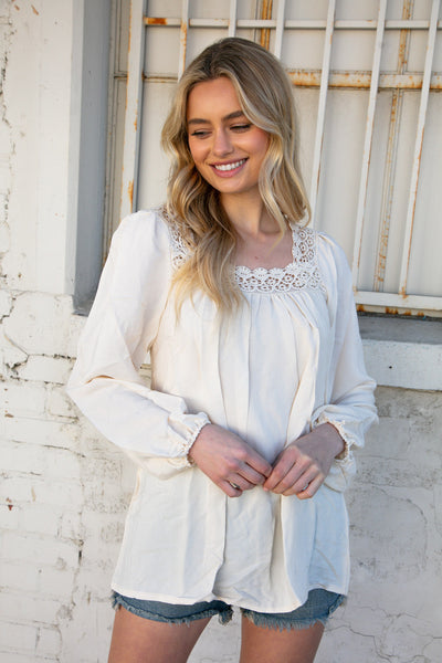 Cream Crochet Lace Neck Crepe Woven Blouse