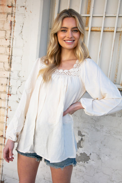 Cream Crochet Lace Neck Crepe Woven Blouse