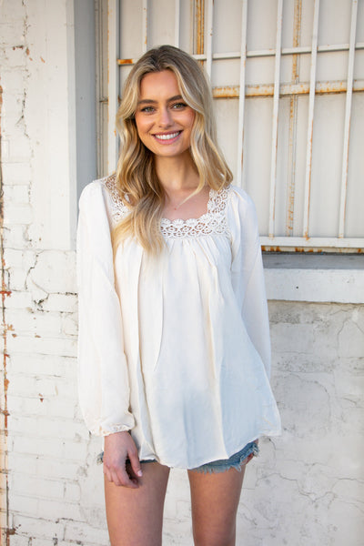 Cream Crochet Lace Neck Crepe Woven Blouse