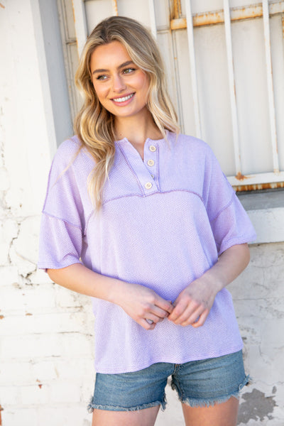 Lilac Textured Knit Button Down Outseam Top