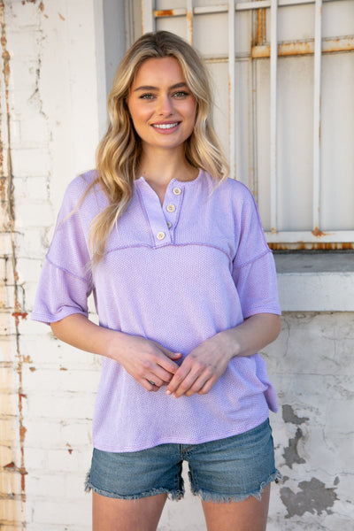 Lilac Textured Knit Button Down Outseam Top