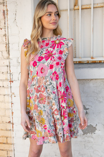 Pink and Sage Floral Tiered Ruffle Cap Sleeve Dress