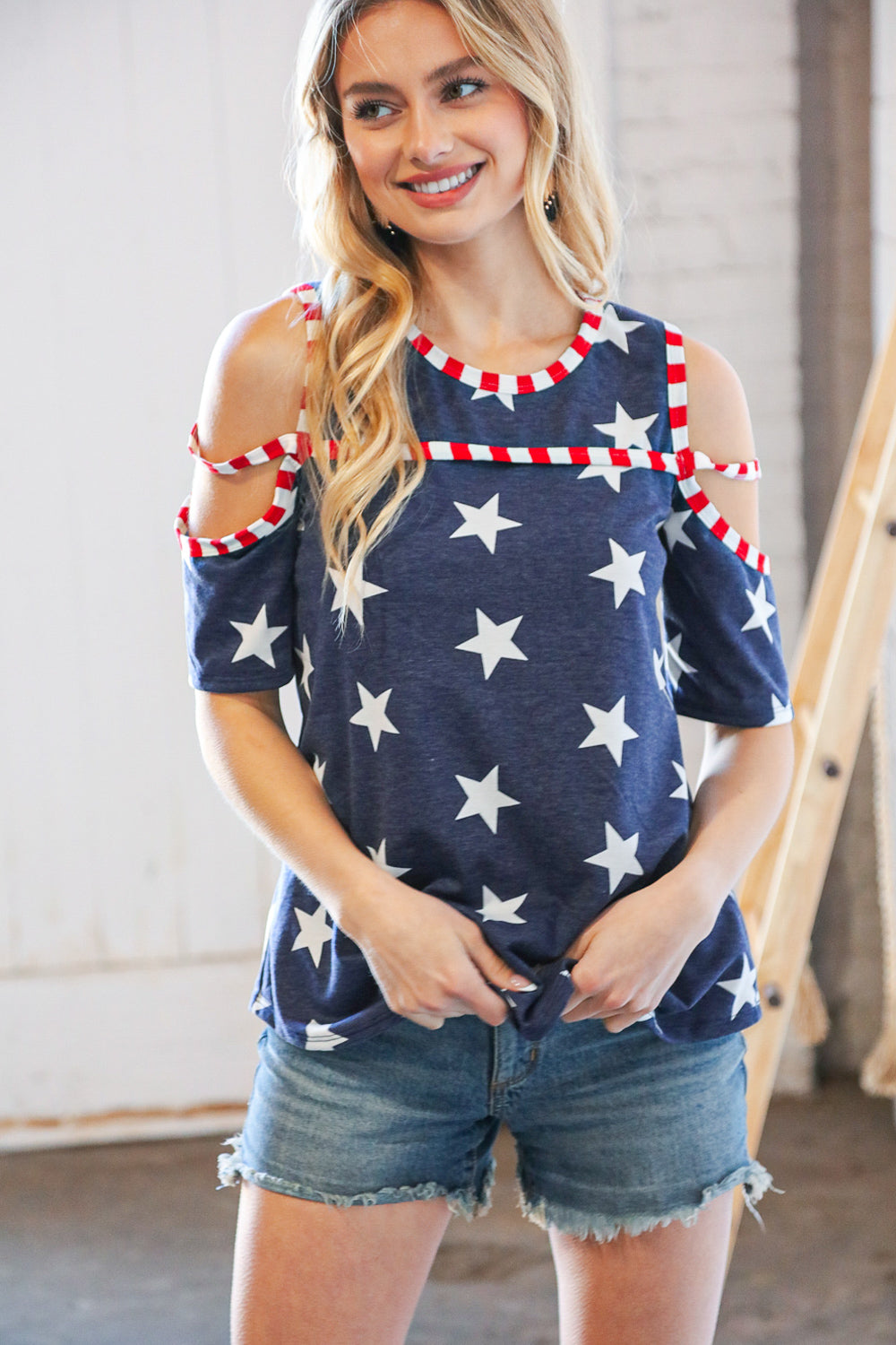 Stars and Stripes Patriotic Cold Shoulder Top