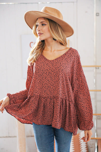 Terracotta Animal Print Wool Dobby V Neck Top