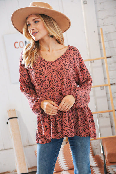 Terracotta Animal Print Wool Dobby V Neck Top