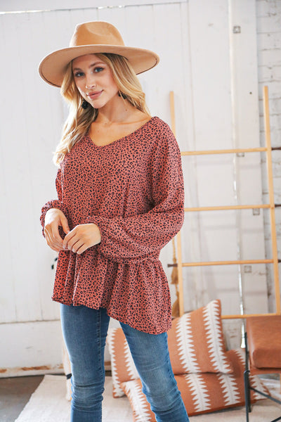 Terracotta Animal Print Wool Dobby V Neck Top