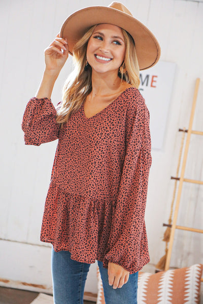 Terracotta Animal Print Wool Dobby V Neck Top