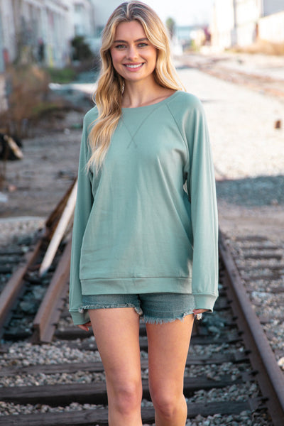 Mint Cotton Raglan Reverse Cross Stitch Pullover