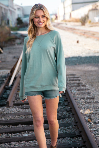 Mint Cotton Raglan Reverse Cross Stitch Pullover