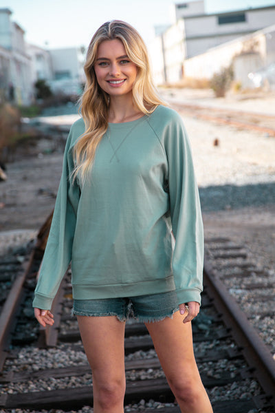 Mint Cotton Raglan Reverse Cross Stitch Pullover