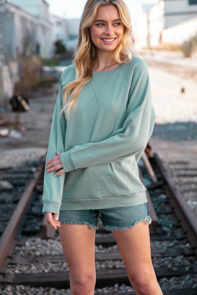 Mint Cotton Raglan Reverse Cross Stitch Pullover