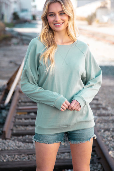 Mint Cotton Raglan Reverse Cross Stitch Pullover