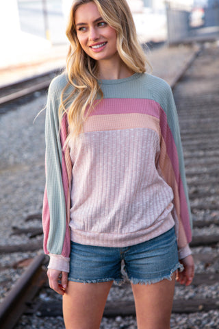 Sage and Rose Waffle Color Block Oversized Pullover