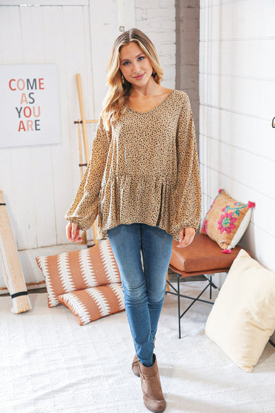 Camel Animal Print Wool Dobby V Neck Top