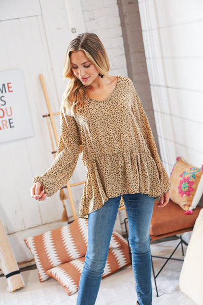 Camel Animal Print Wool Dobby V Neck Top