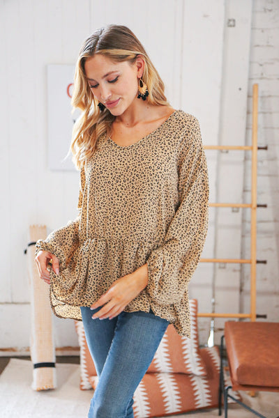 Camel Animal Print Wool Dobby V Neck Top