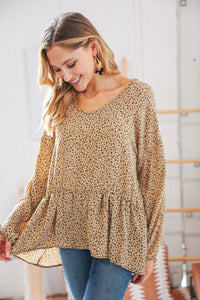 Camel Animal Print Wool Dobby V Neck Top