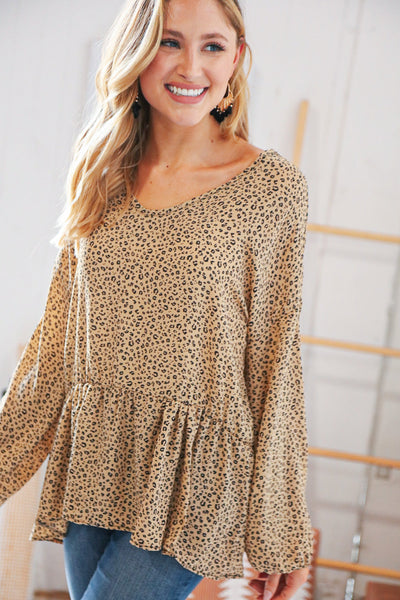 Camel Animal Print Wool Dobby V Neck Top